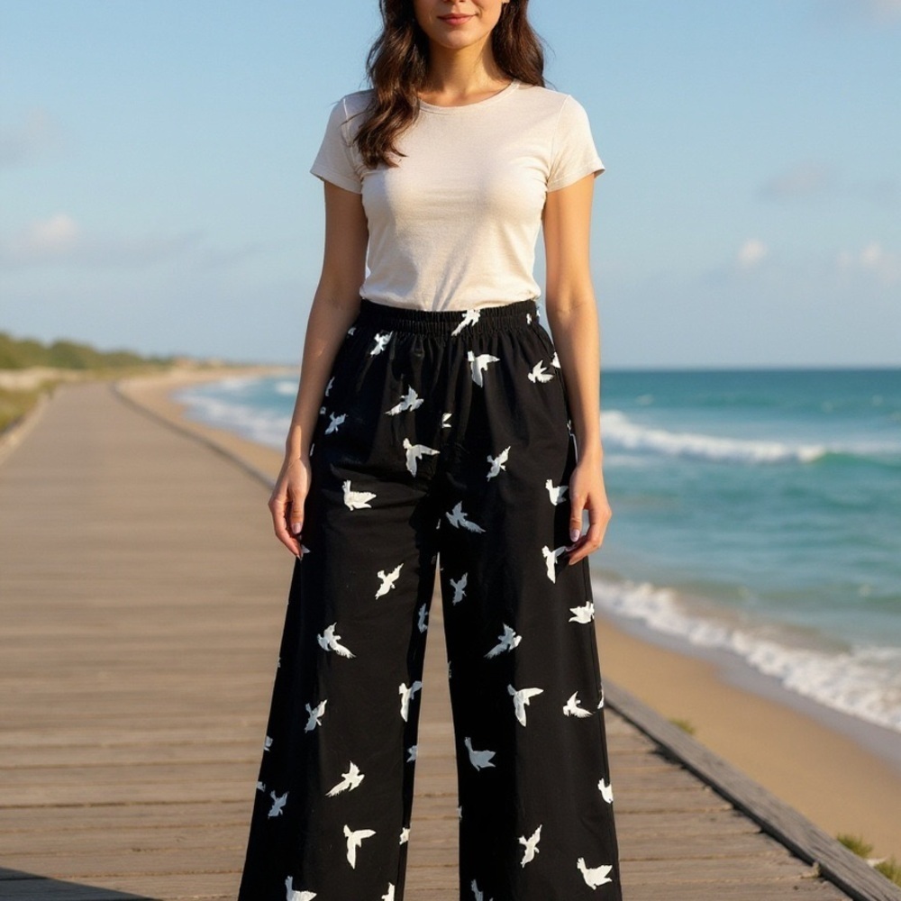 Chelsea & Theodore Black and White Bird Print Wide-Leg Pants